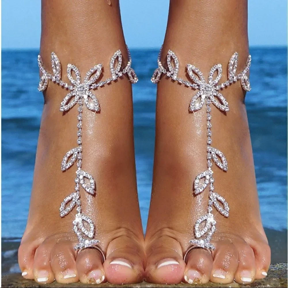 Silver and White Diamond Austrian Crystal Leaf Anklet Foot Chains - Set of 2